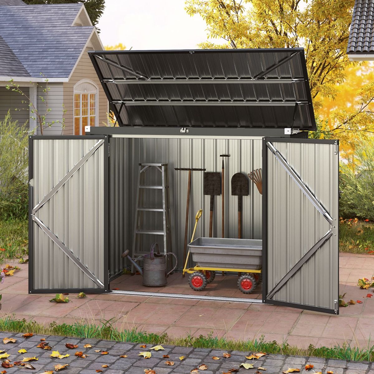 Abri de Stockage en Métal Galvanisé pour Poubelles Extérieur Abri de Jardin Verrouillable avec Toit Ouvert 2 Portes 172X95,5X130CM Gris