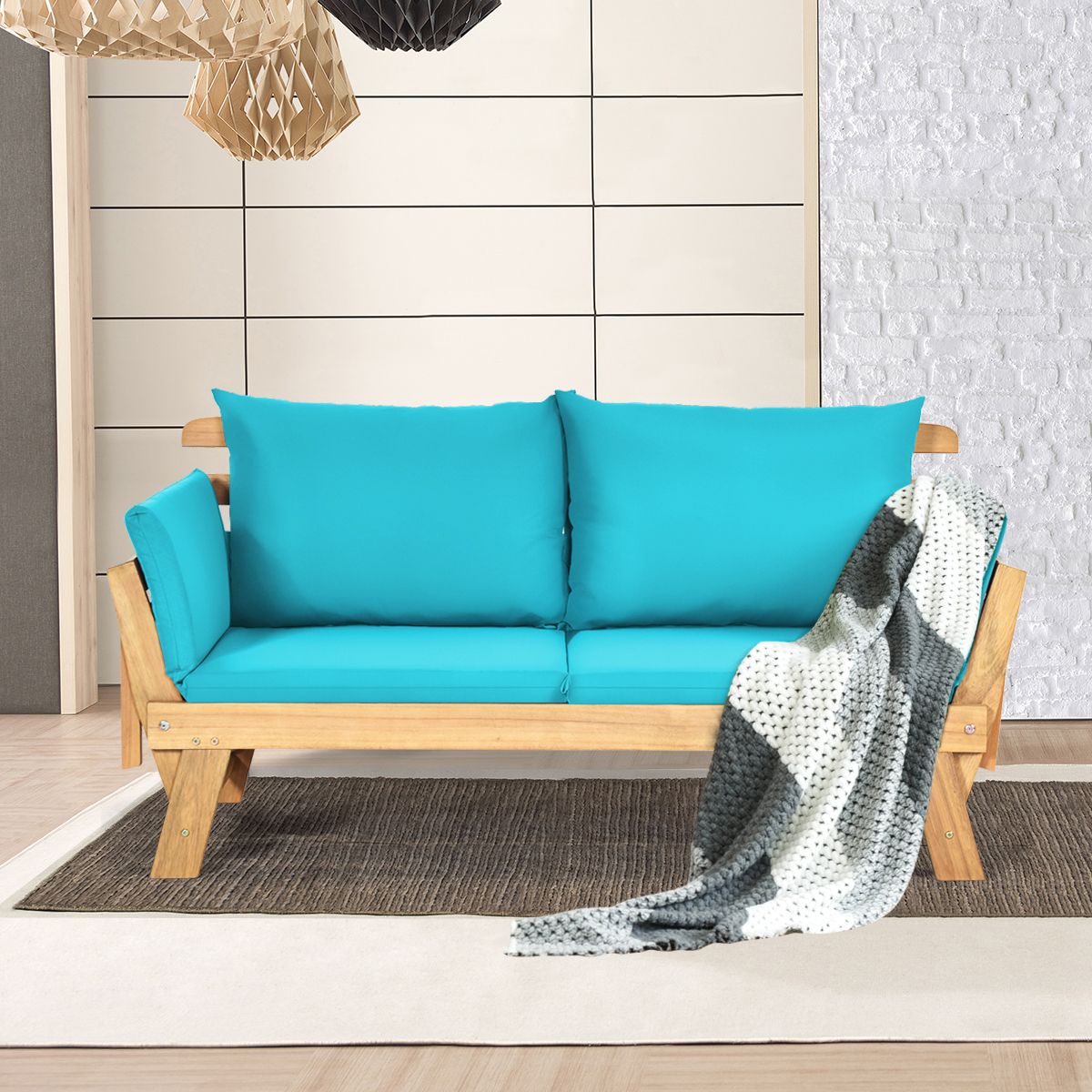 Chaise Longue Convertible avec Coussin Canapé de Jardin 2 en 1 en Bois d’Acacia avec Accoudoir Réglable pour Patio Piscine Jardin Blanc/Gris/Bleu/Rouge
