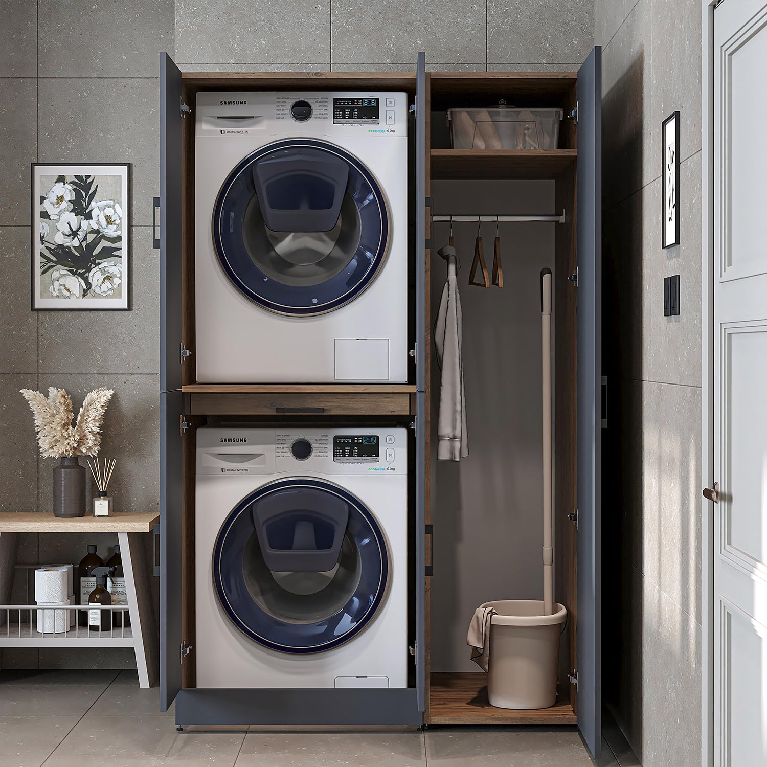 ROOMART Dora - Armoire de machine à laver - Pour sèche-linge et machine à laver - En 4 couleurs - Avec portes et panneau coulissant - Blanc - Chêne blanc - Chêne anthracite - Chêne blanc (chêne blanc)