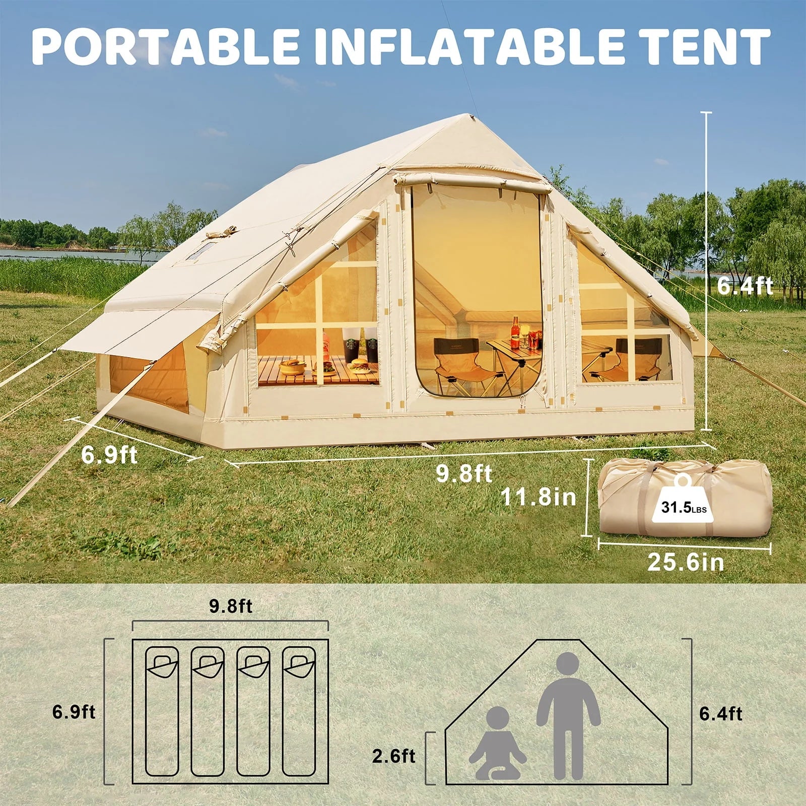 Tenda da campeggio gonfiabile per 6 persone con pompa,tenda familiare Glamping di 10 piedi x 7 piedi Facile installazione 4 stagioni impermeabile antivento all'aperto Blow Up Tent Cabina Oxford di lusso con finestre e porte a rete -
