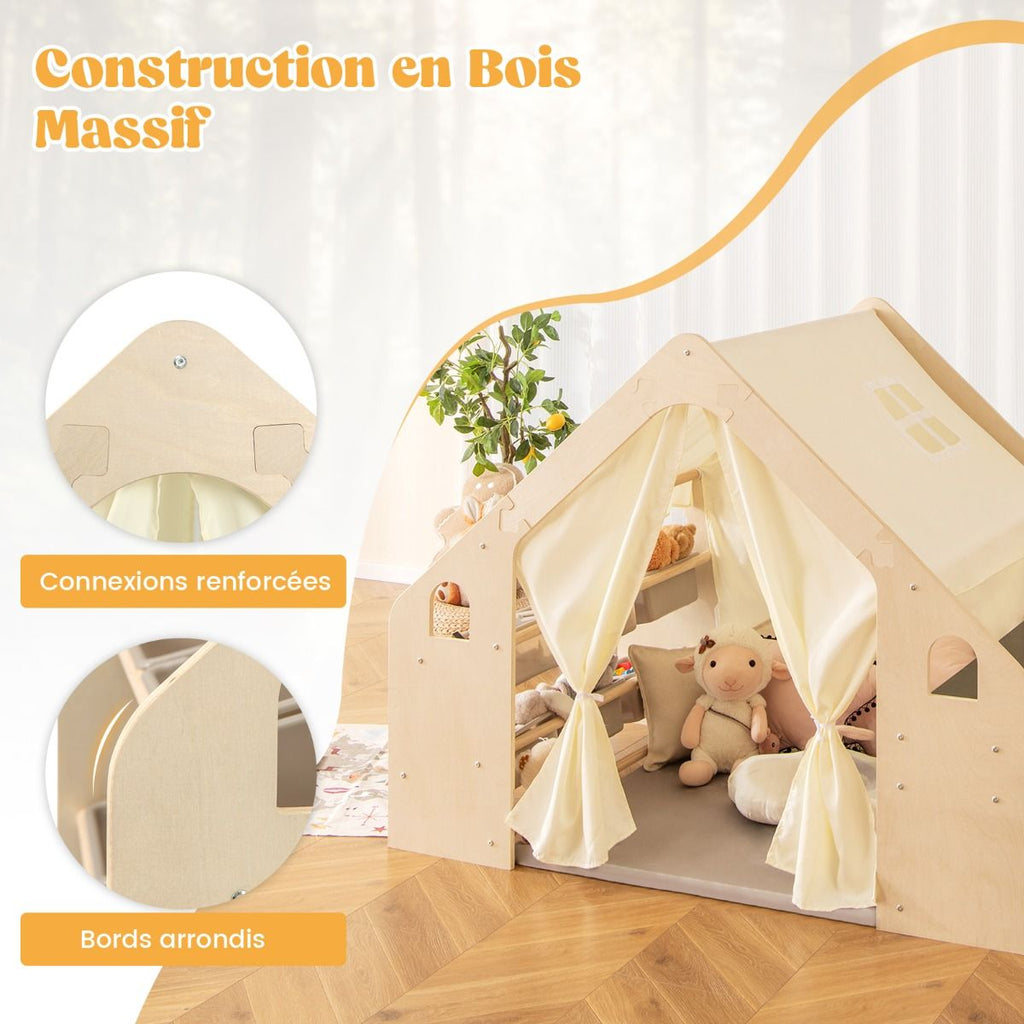 Tente de Jeu d'Intérieur en Bois pour Enfants 6 en 1 Tableau Noir Table Chaise 6 Bacs de Rangement Coussin de Sol Maison de Jeu pour 2-6 ans Beige