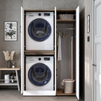ROOMART Dora - Armoire de machine à laver - Pour sèche-linge et machine à laver - En 4 couleurs - Avec portes et panneau coulissant - Blanc - Chêne blanc - Chêne anthracite - Chêne blanc (chêne blanc)