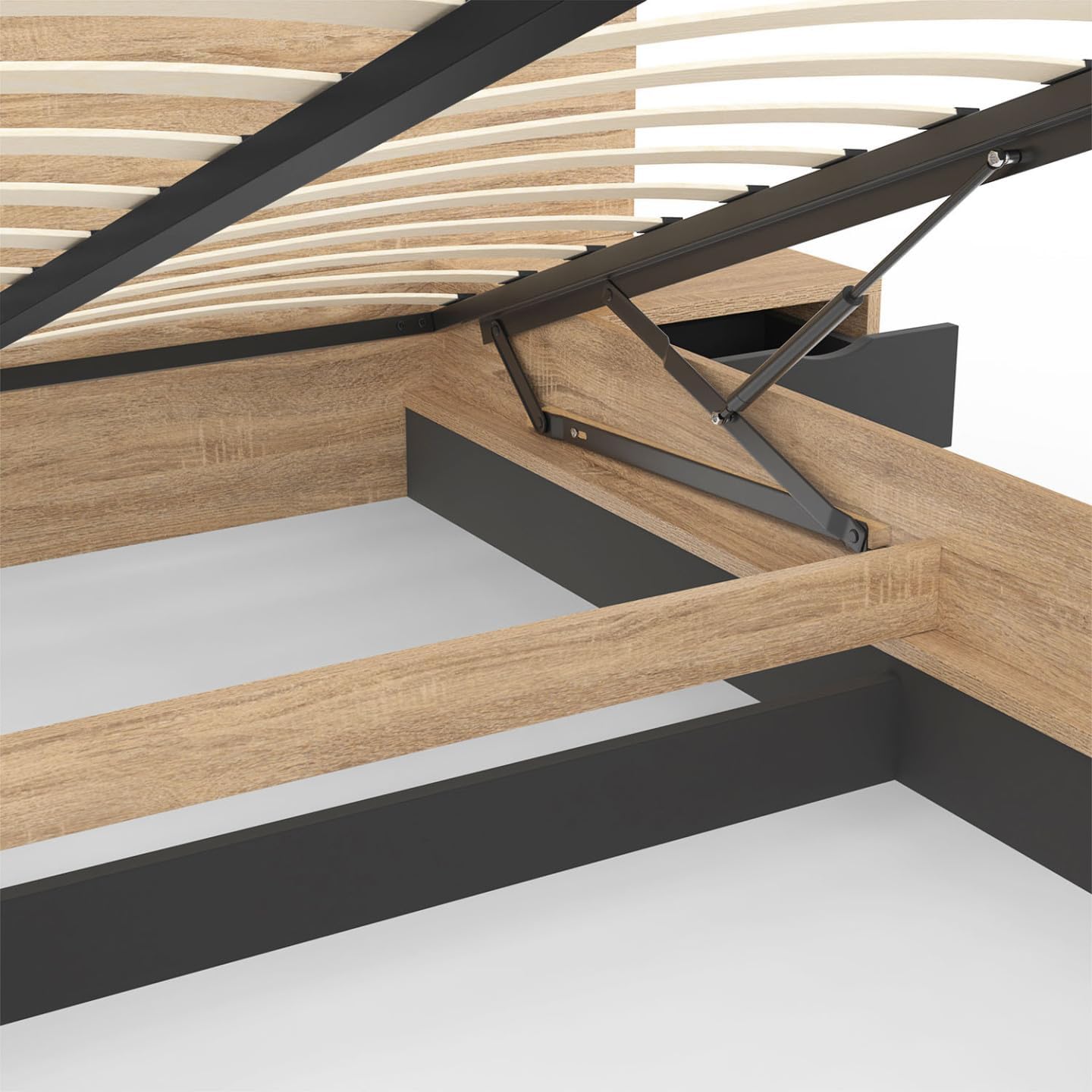 - Lit Coffre Santa avec Tables de chevets intégrées et sommier 140x190cm Couleur Bois et Noir