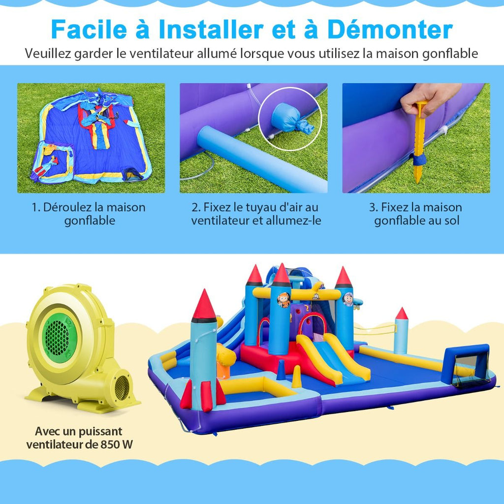 Château Gonflable à Toboggans Aquatiques Thème de La Fusée pour Enfants Piscine Zone de Saut Pistolet à Eau Escalade Souffleur de 850 W Multicolore