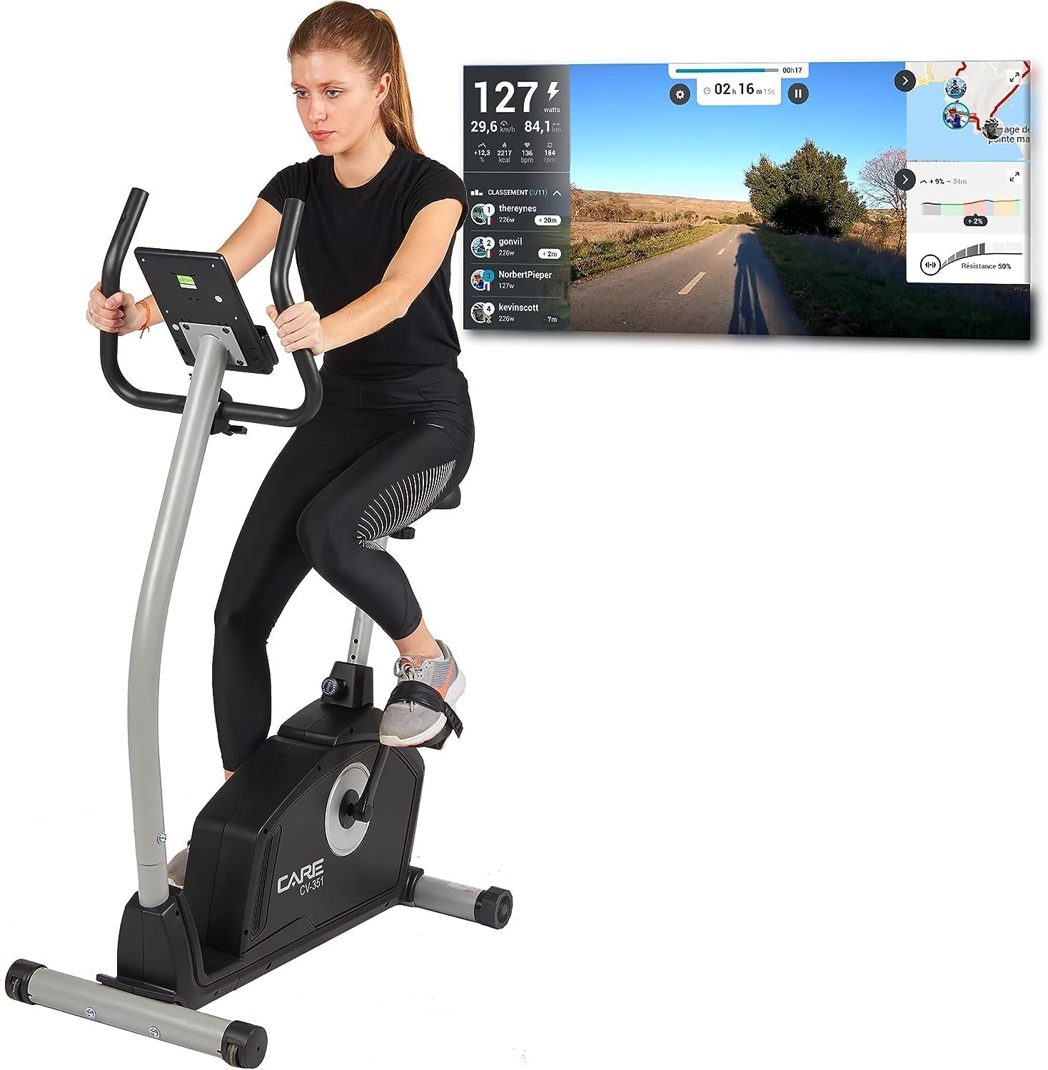 - Vélo d’Appartement Motorisé CV-351 – Masse d'Inertie 10kg - Résistance Magnétique à 16 Niveaux - 7 Programmes d'Entraînement - Selle Ajustable - Connectivité Application Kinomap