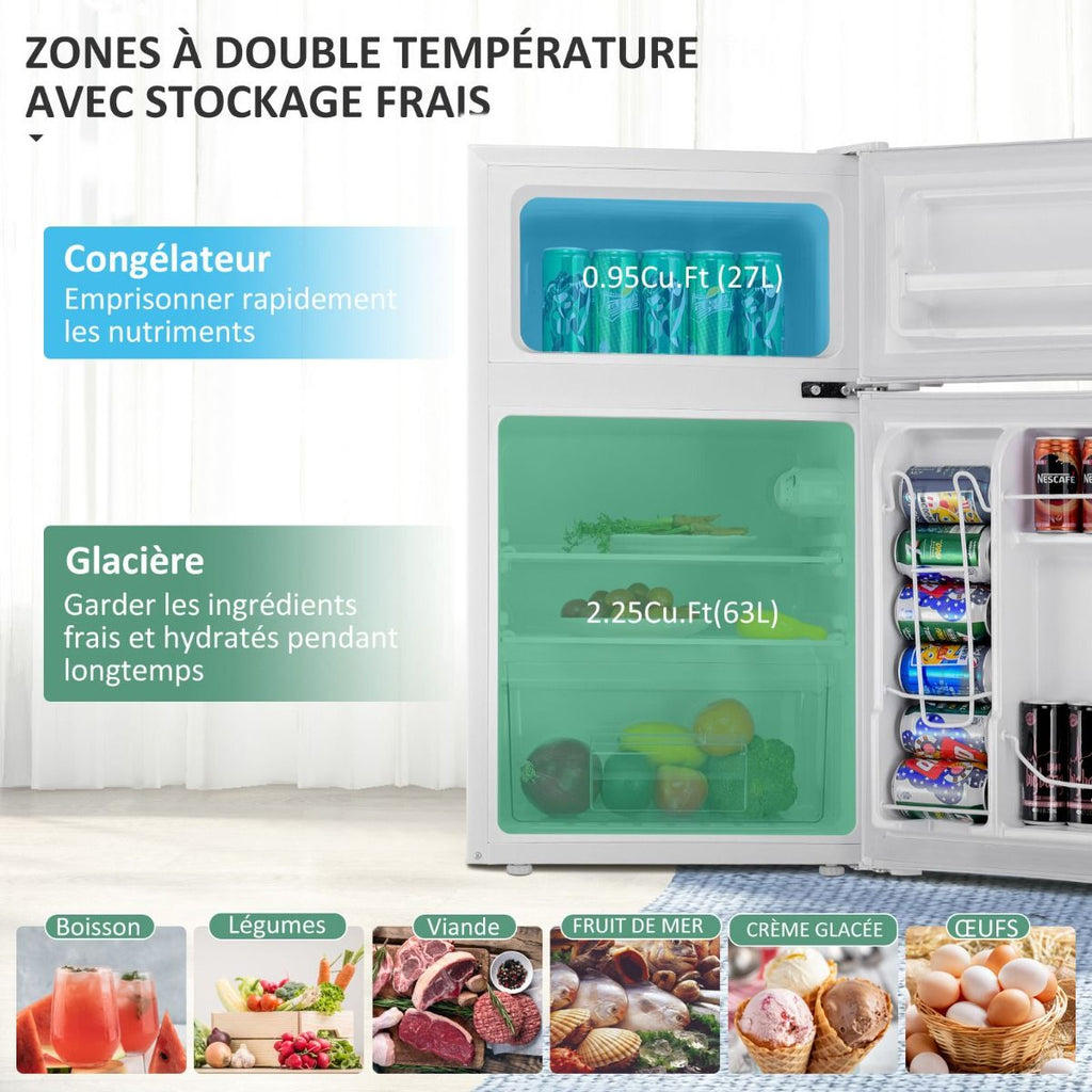 Réfrigérateur Compact Mini-réfrigérateur 90 L Congélateur Séparé avec Design à 2 Portes Fonctionnement Silencieux Blanc/Gris/Noir