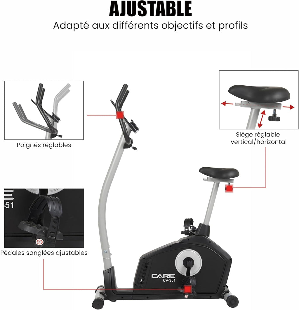 - Vélo d’Appartement Motorisé CV-351 – Masse d'Inertie 10kg - Résistance Magnétique à 16 Niveaux - 7 Programmes d'Entraînement - Selle Ajustable - Connectivité Application Kinomap