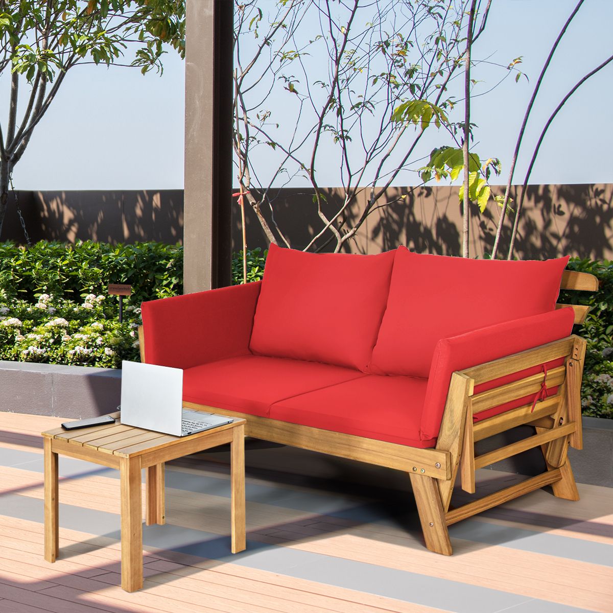 Chaise Longue Convertible avec Coussin Canapé de Jardin 2 en 1 en Bois d’Acacia avec Accoudoir Réglable pour Patio Piscine Jardin Blanc/Gris/Bleu/Rouge