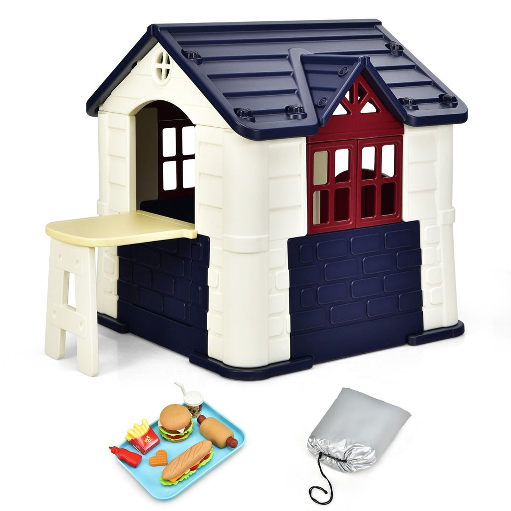 Maison Chef House -Thème Burger Bar - Table de Pique Nique Cabane de Jardin Anti-UV en Plastique 164x124x132 cm Bleu/Rose/Jaune