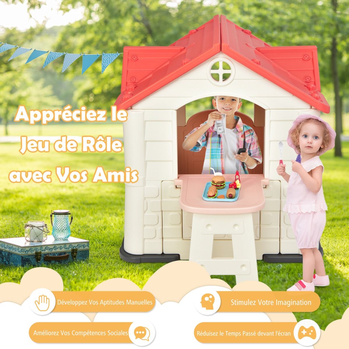 Maison Chef House -Thème Burger Bar - Table de Pique Nique Cabane de Jardin Anti-UV en Plastique 164x124x132 cm Bleu/Rose/Jaune