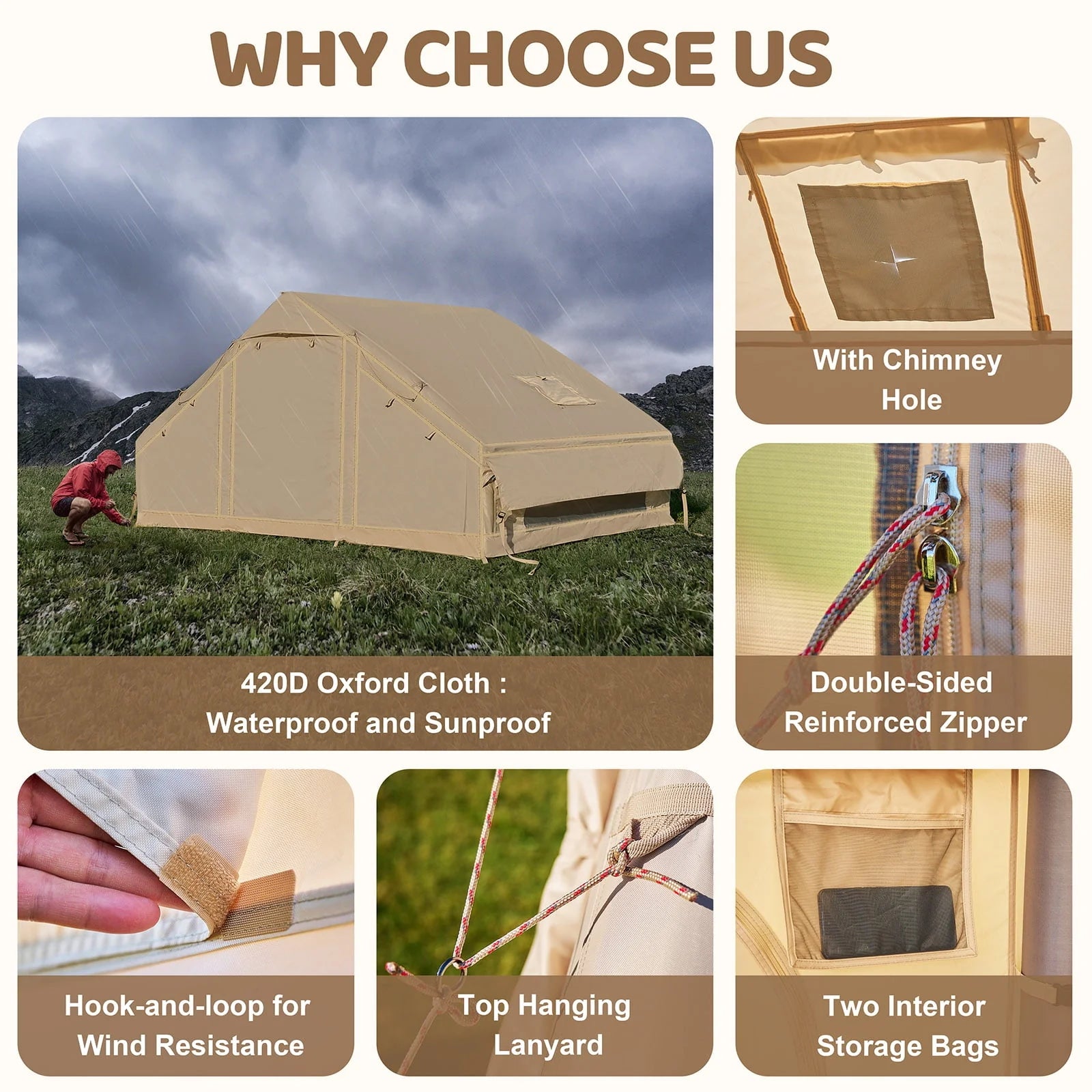 Tenda da campeggio gonfiabile per 6 persone con pompa,tenda familiare Glamping di 10 piedi x 7 piedi Facile installazione 4 stagioni impermeabile antivento all'aperto Blow Up Tent Cabina Oxford di lusso con finestre e porte a rete -