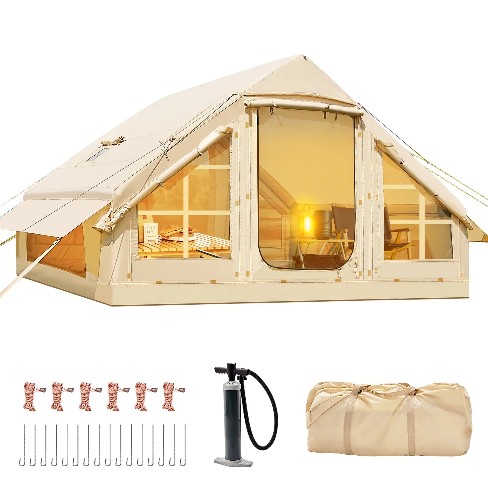 Tenda da campeggio gonfiabile per 6 persone con pompa,tenda familiare Glamping di 10 piedi x 7 piedi Facile installazione 4 stagioni impermeabile antivento all'aperto Blow Up Tent Cabina Oxford di lusso con finestre e porte a rete -