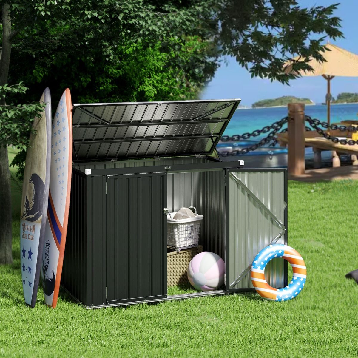 Abri de Stockage en Métal Galvanisé pour Poubelles Extérieur Abri de Jardin Verrouillable avec Toit Ouvert 2 Portes 172X95,5X130CM Gris