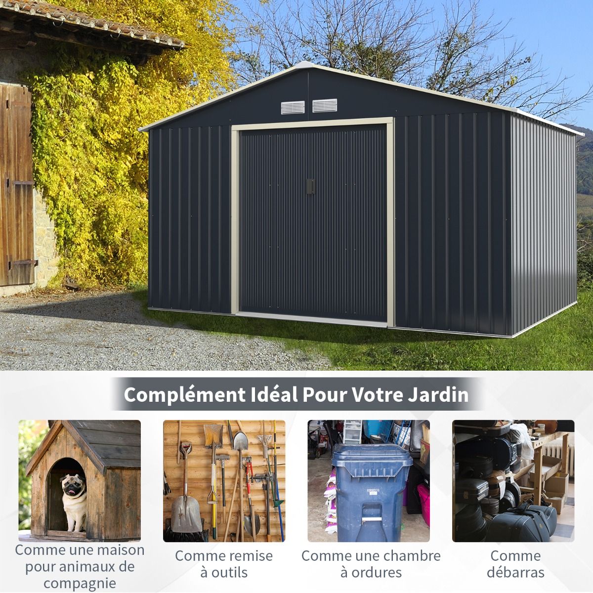 Abri de Jardin en Métal & Extension 10.85㎡ avec 2 Portes Coulissantes Verrouillables 4 Trous d’Aération Gris pour Vélo