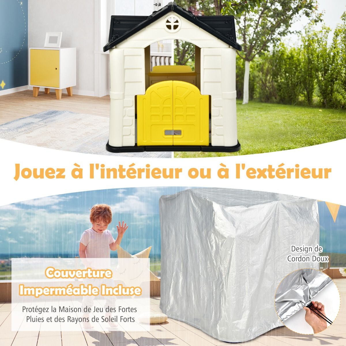 Maison Chef House -Thème Burger Bar - Table de Pique Nique Cabane de Jardin Anti-UV en Plastique 164x124x132 cm Bleu/Rose/Jaune