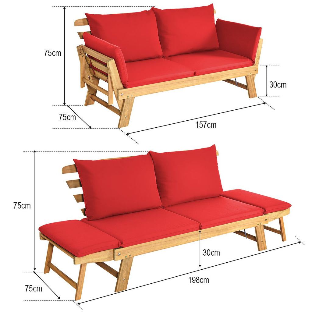 Chaise Longue Convertible avec Coussin Canapé de Jardin 2 en 1 en Bois d’Acacia avec Accoudoir Réglable pour Patio Piscine Jardin Blanc/Gris/Bleu/Rouge