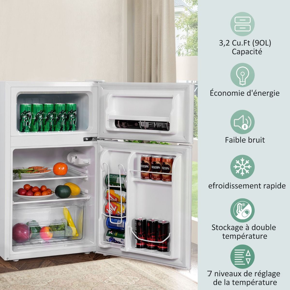 Réfrigérateur Compact Mini-réfrigérateur 90 L Congélateur Séparé avec Design à 2 Portes Fonctionnement Silencieux Blanc/Gris/Noir