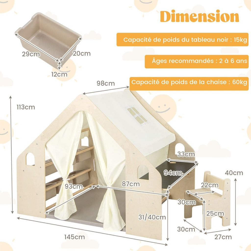 Tente de Jeu d'Intérieur en Bois pour Enfants 6 en 1 Tableau Noir Table Chaise 6 Bacs de Rangement Coussin de Sol Maison de Jeu pour 2-6 ans Beige