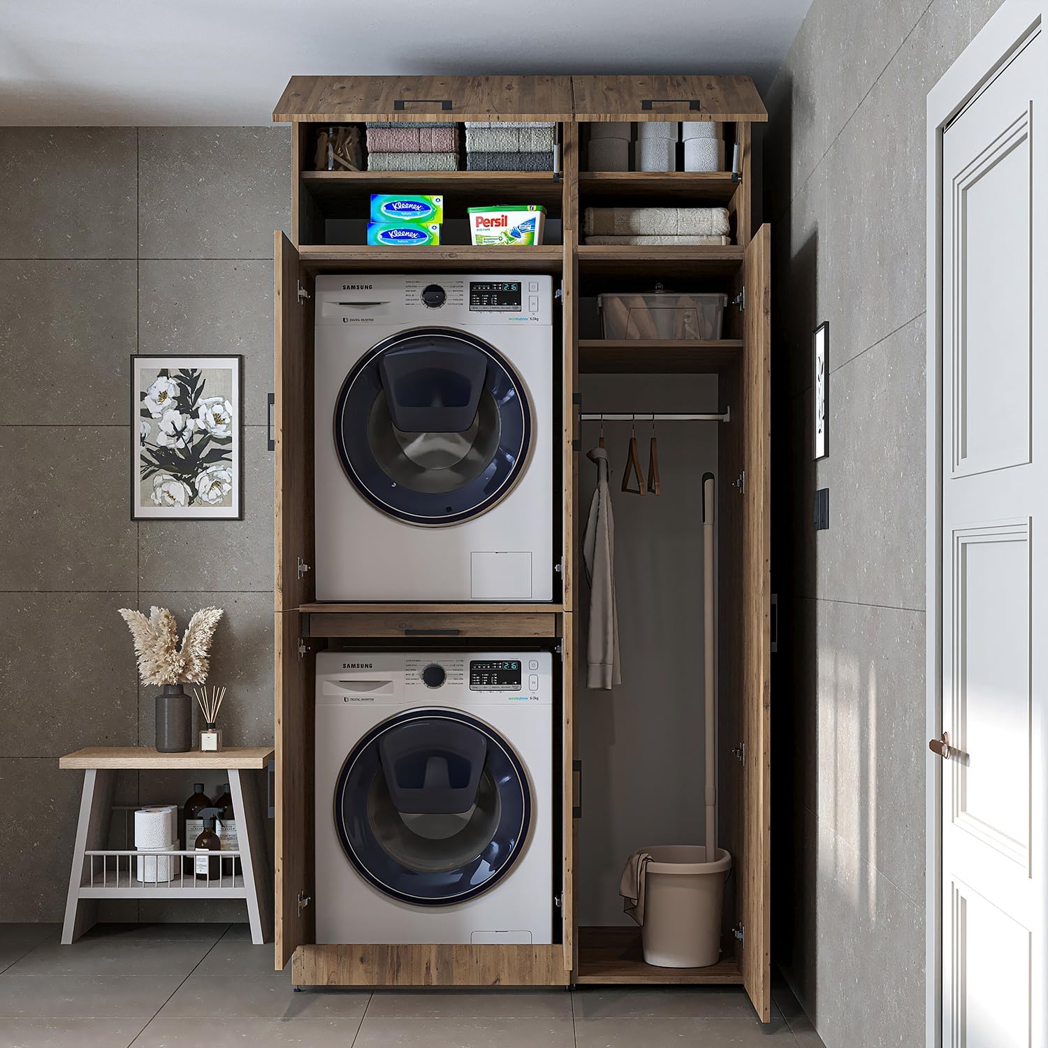 ROOMART Dora - Armoire de machine à laver - Pour sèche-linge et machine à laver - En 4 couleurs - Avec portes et panneau coulissant - Blanc - Chêne blanc - Chêne anthracite - Chêne blanc (chêne blanc)
