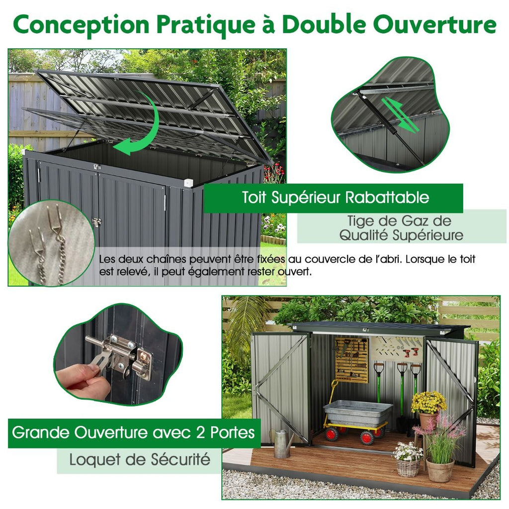 Abri de Stockage en Métal Galvanisé pour Poubelles Extérieur Abri de Jardin Verrouillable avec Toit Ouvert 2 Portes 172X95,5X130CM Gris