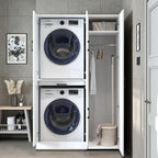 ROOMART Dora - Armoire de machine à laver - Pour sèche-linge et machine à laver - En 4 couleurs - Avec portes et panneau coulissant - Blanc - Chêne blanc - Chêne anthracite - Chêne blanc (chêne blanc)