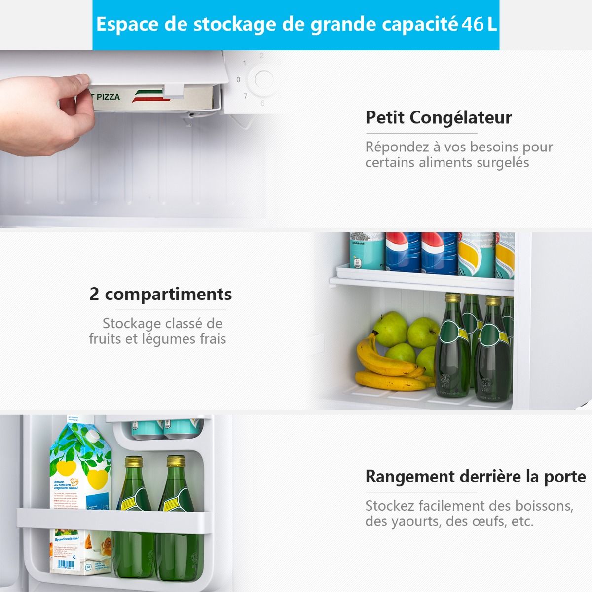 Mini Réfrigérateur 48L, 2 niveaux et porte-bouteille, bac à légumes, Silencieux 230V, 46 x 44 x 49 cm, Blanc