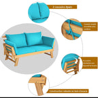 Chaise Longue Convertible avec Coussin Canapé de Jardin 2 en 1 en Bois d’Acacia avec Accoudoir Réglable pour Patio Piscine Jardin Blanc/Gris/Bleu/Rouge