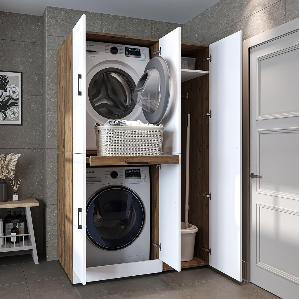 ROOMART Dora - Armoire de machine à laver - Pour sèche-linge et machine à laver - En 4 couleurs - Avec portes et panneau coulissant - Blanc - Chêne blanc - Chêne anthracite - Chêne blanc (chêne blanc)