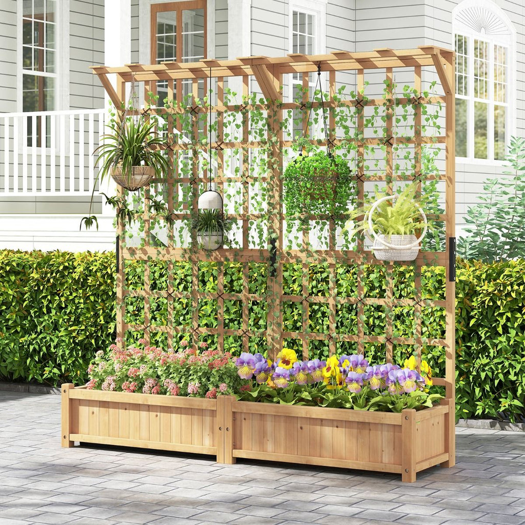 Jardinière avec 2 Treillis 2 Bacs Toit Suspendu en Bois Lit de Jardin Surélevé avec 4 Trous de Drainage 180 x 48 x 183 cm Orange