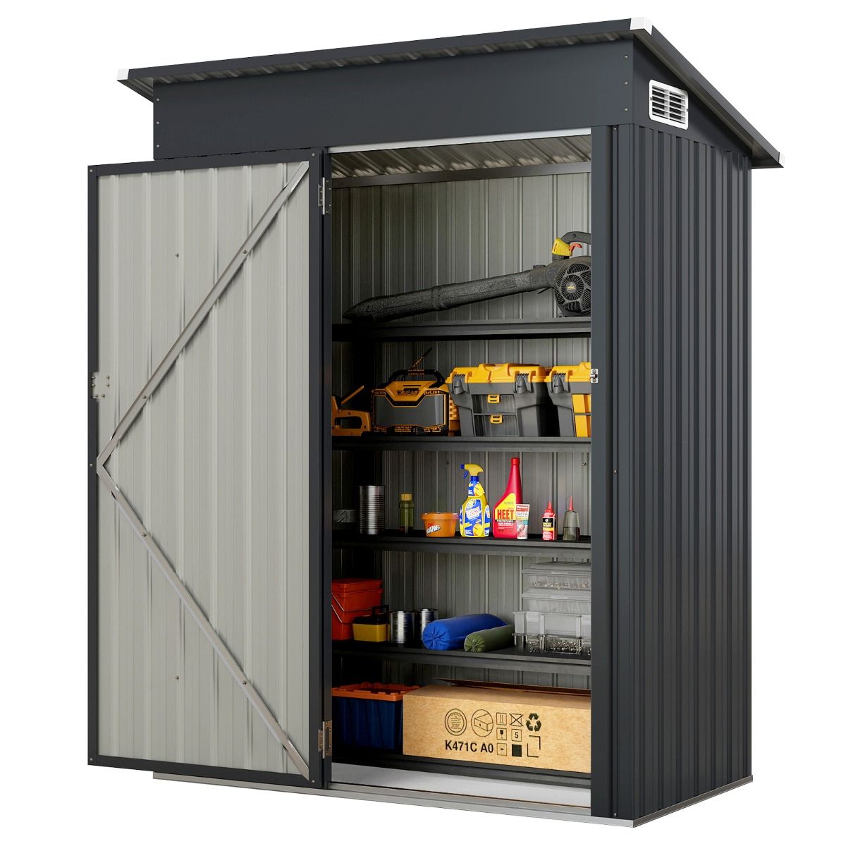 Abri de Rangement Toutes Saisons Abri à Outils Utilitaire avec Toit en Pente Porte Ouvrante Aérations Cadre en Métal Galvanisé Gris