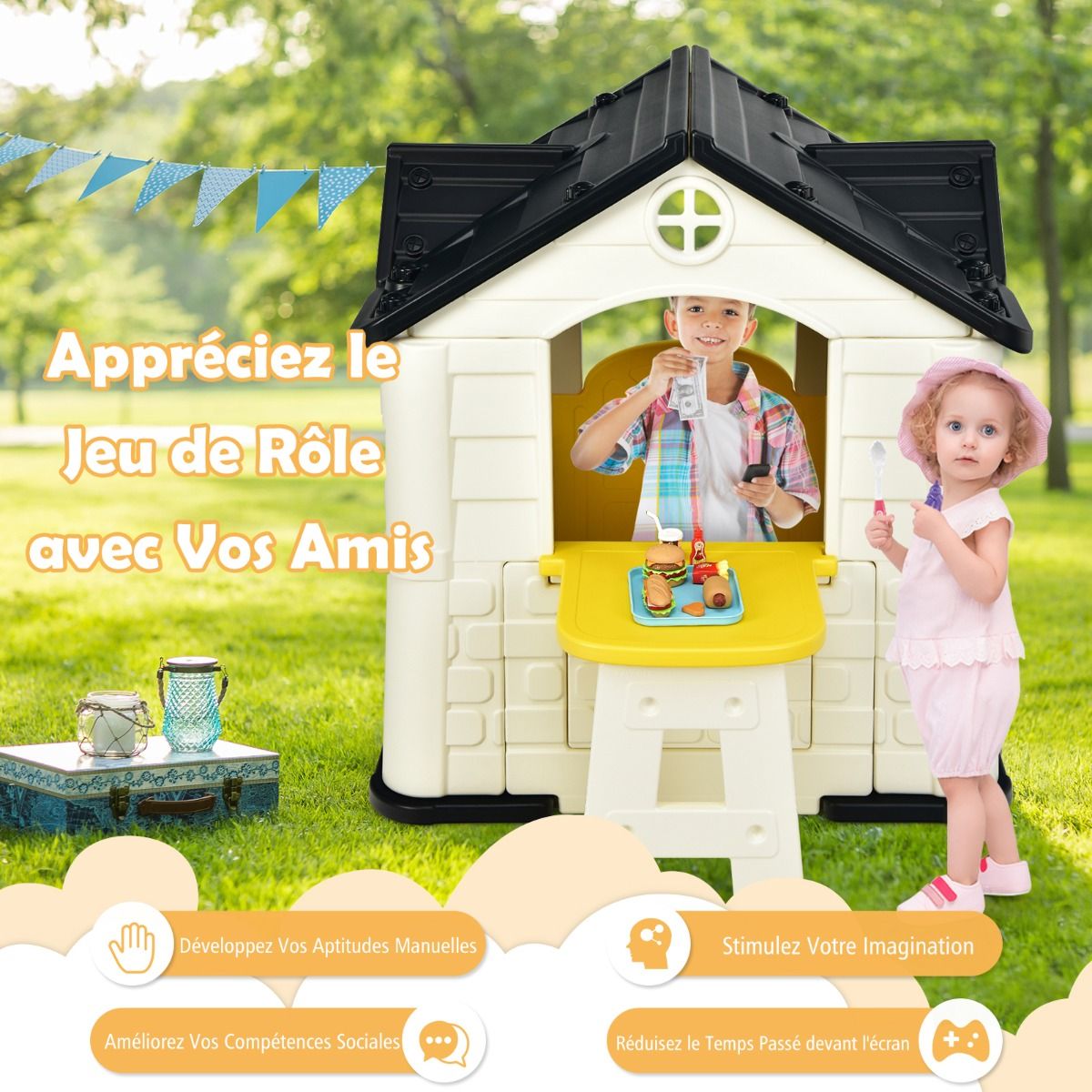 Maison Chef House -Thème Burger Bar - Table de Pique Nique Cabane de Jardin Anti-UV en Plastique 164x124x132 cm Bleu/Rose/Jaune