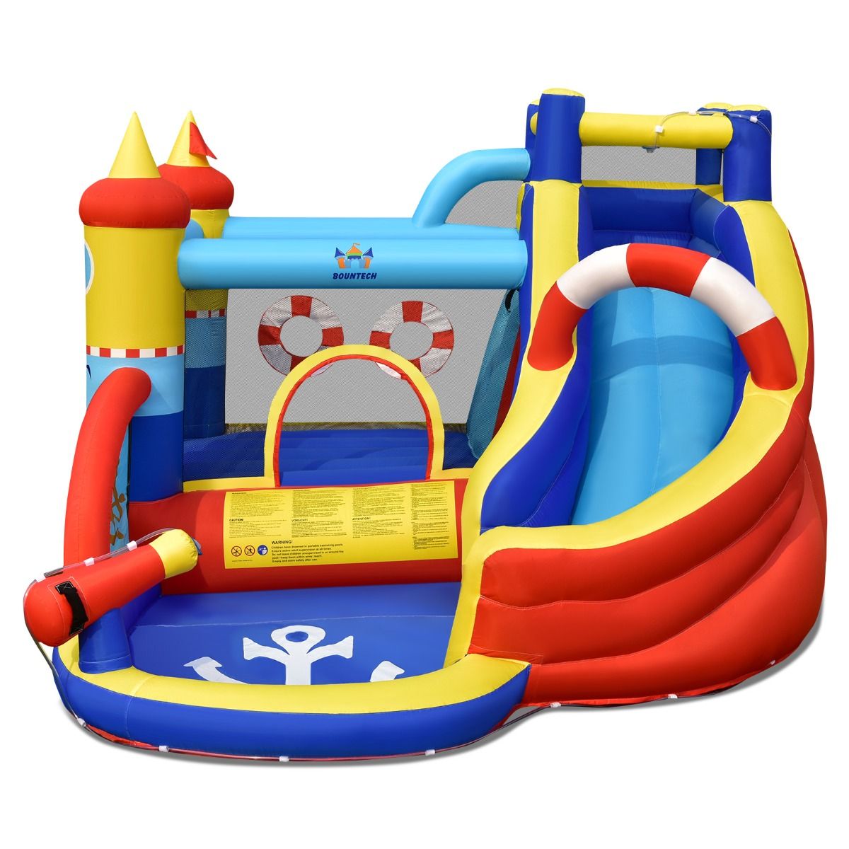Château Gonflable Style Bateau avec Toboggan Incurvé Zone de Saut Mur d'Escalade avec Gonfleur 450 W