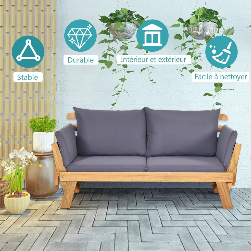 Chaise Longue Convertible avec Coussin Canapé de Jardin 2 en 1 en Bois d’Acacia avec Accoudoir Réglable pour Patio Piscine Jardin Blanc/Gris/Bleu/Rouge