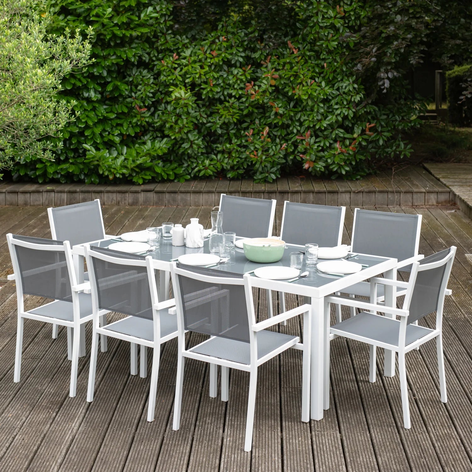 Salon de jardin BARI en textilène gris 8 places - aluminium blanc Happy Garden