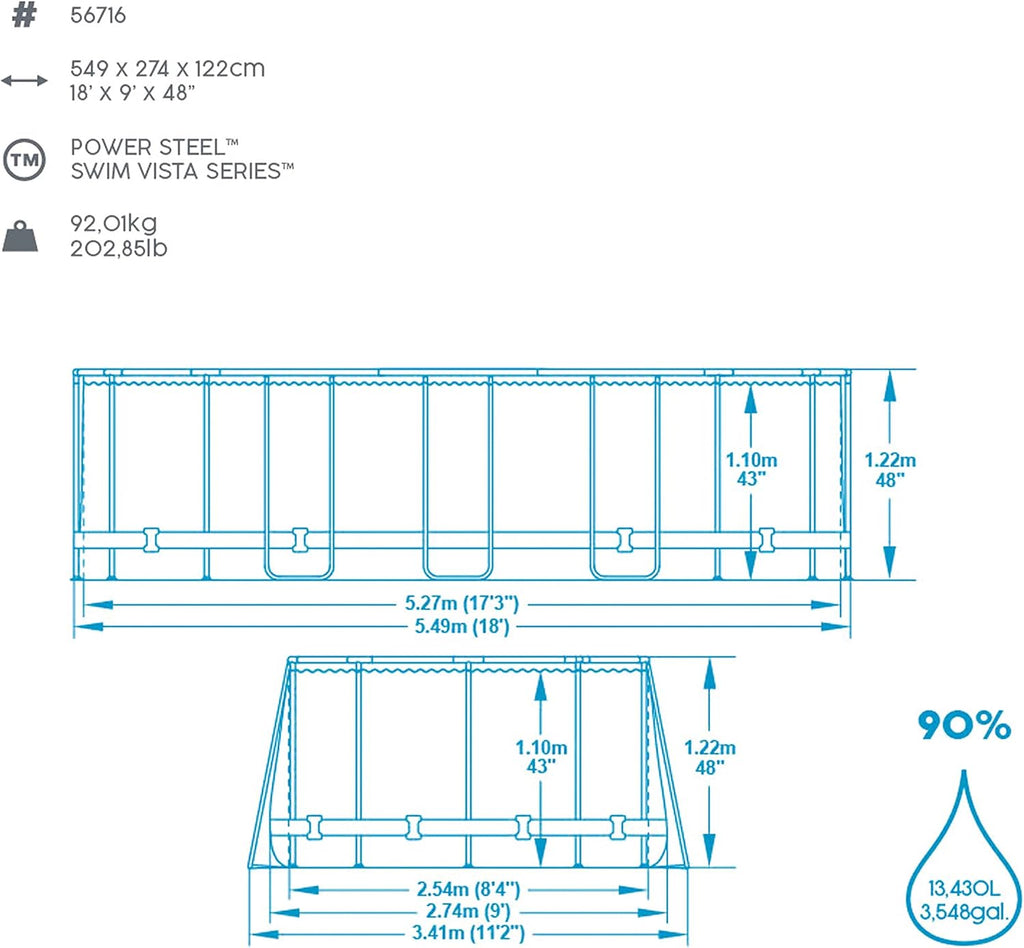 Bestway 56946 Piscine Power Steel™ Swim Vista ovale 488 x 305 x 107 cm motif rotin avec hublots, filtration à sable, échelle, bâche et diffuseur Chemconnect™