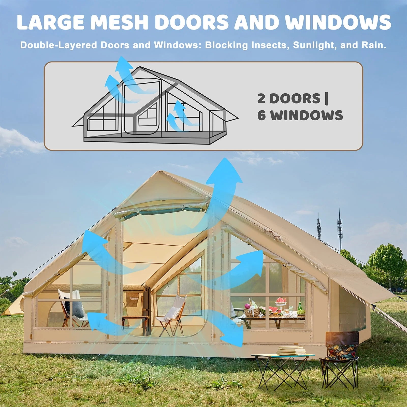 Tenda da campeggio gonfiabile per 6 persone con pompa,tenda familiare Glamping di 10 piedi x 7 piedi Facile installazione 4 stagioni impermeabile antivento all'aperto Blow Up Tent Cabina Oxford di lusso con finestre e porte a rete -