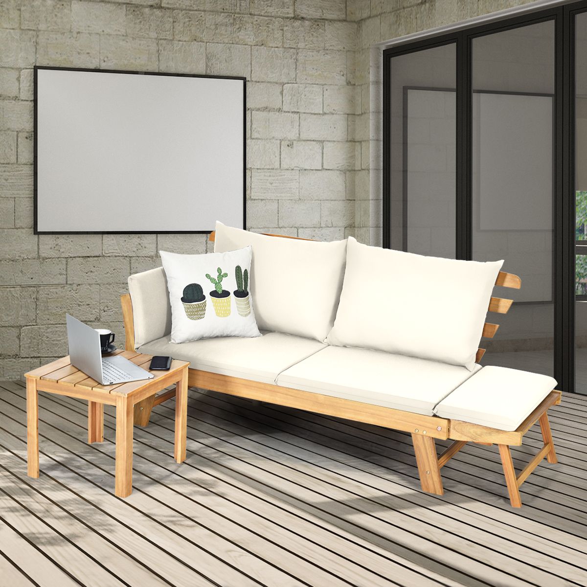 Chaise Longue Convertible avec Coussin Canapé de Jardin 2 en 1 en Bois d’Acacia avec Accoudoir Réglable pour Patio Piscine Jardin Blanc/Gris/Bleu/Rouge