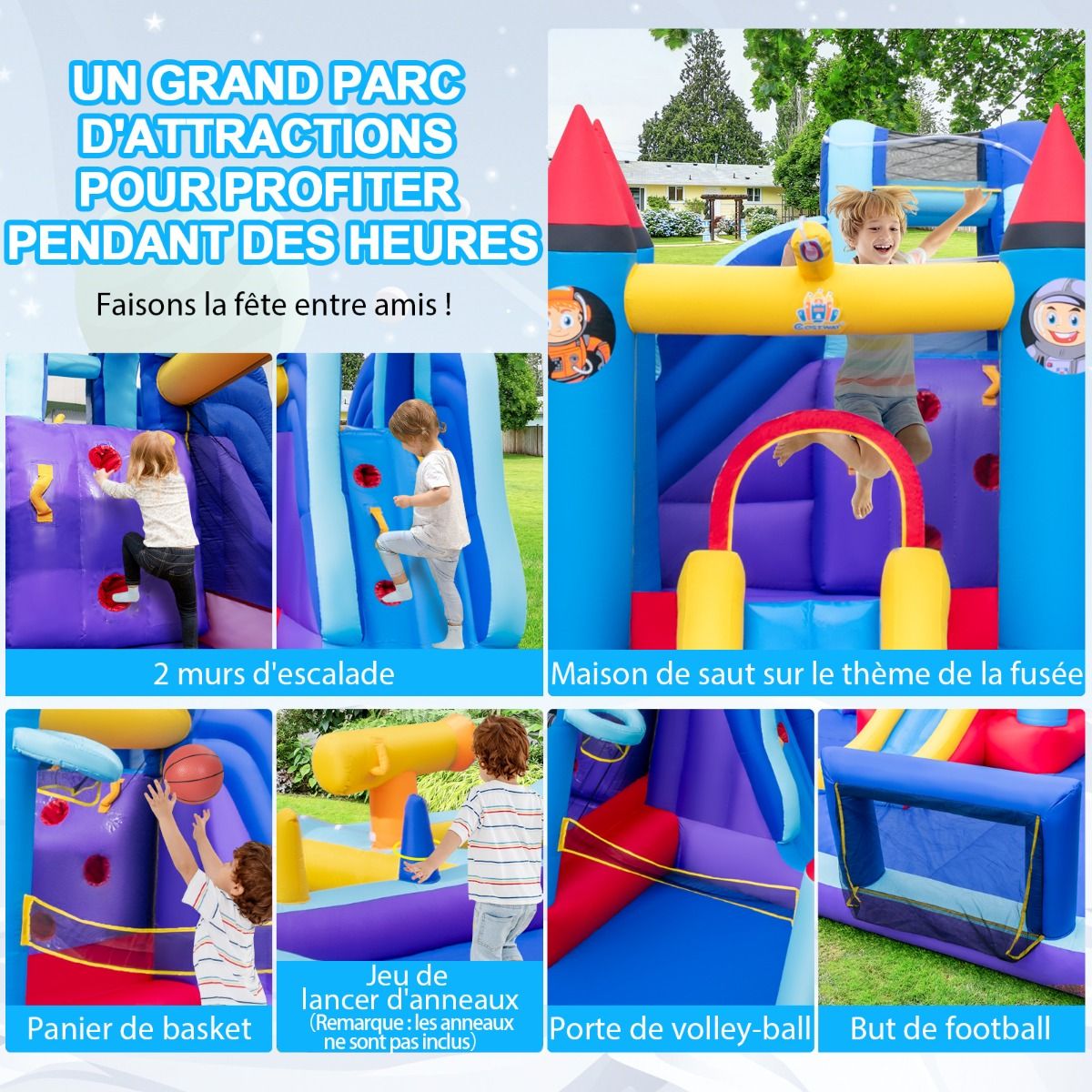 Château Gonflable à Toboggans Aquatiques Thème de La Fusée pour Enfants Piscine Zone de Saut Pistolet à Eau Escalade Souffleur de 850 W Multicolore