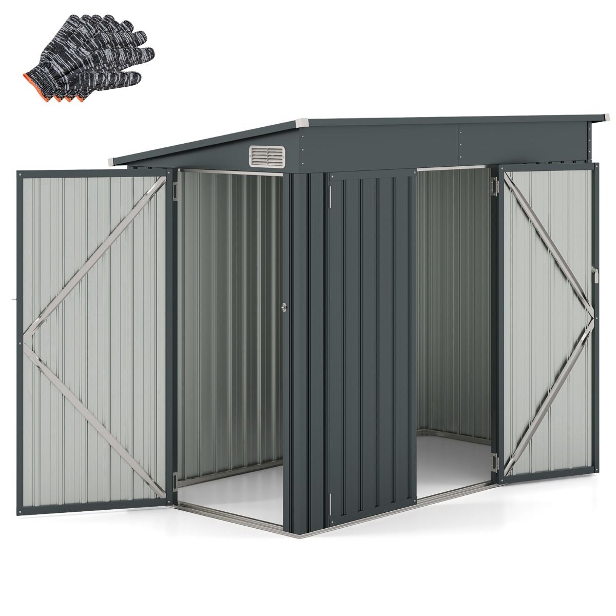Abri de Jardin Extérieur Abri à Outils de Jardin avec 2 Portes Design Incliné Aérations Cadre en Métal Galvanisé 235x117x185cm Gris Foncé