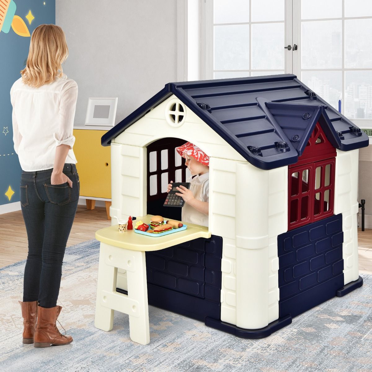 Maison Chef House -Thème Burger Bar - Table de Pique Nique Cabane de Jardin Anti-UV en Plastique 164x124x132 cm Bleu/Rose/Jaune