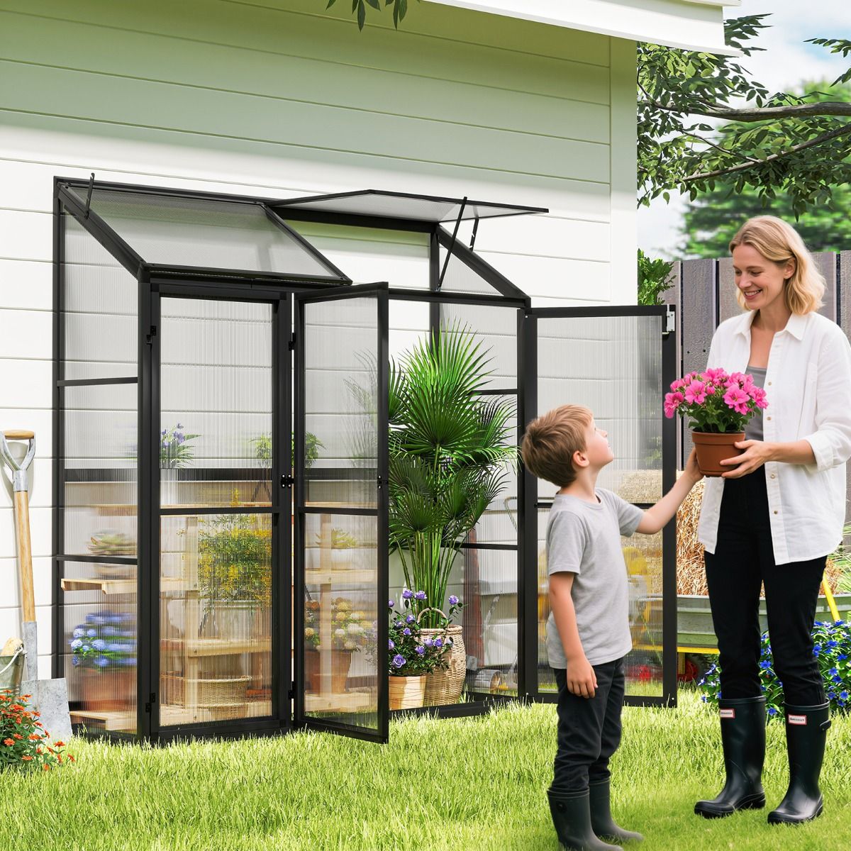 Serre de Jardin Extérieure en Aluminium Serre Mini Walk-in avec Lucarne et 3 Portes Fermables Plaques PC Résistantes au Soleil Noir