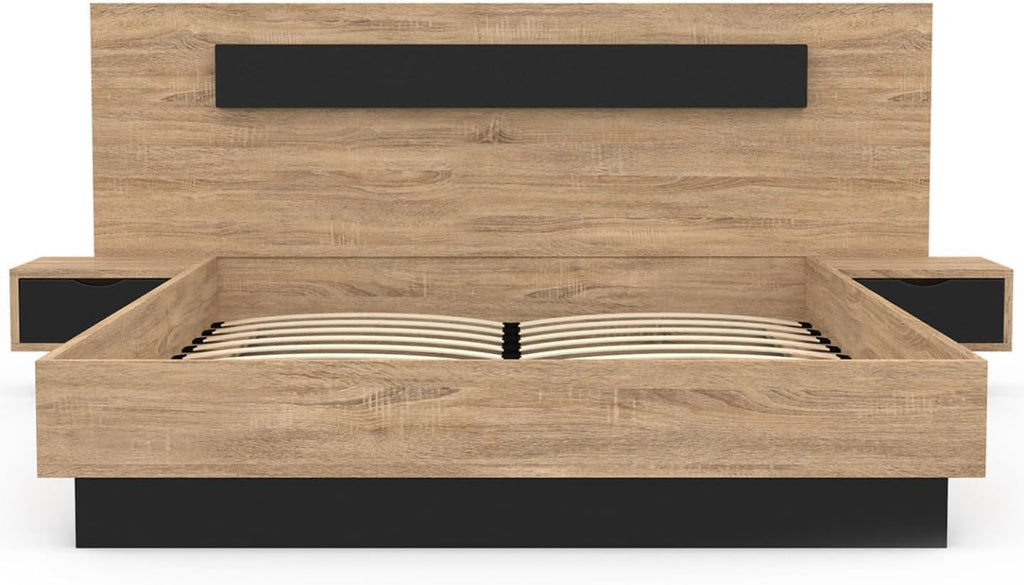- Lit Coffre Santa avec Tables de chevets intégrées et sommier 140x190cm Couleur Bois et Noir