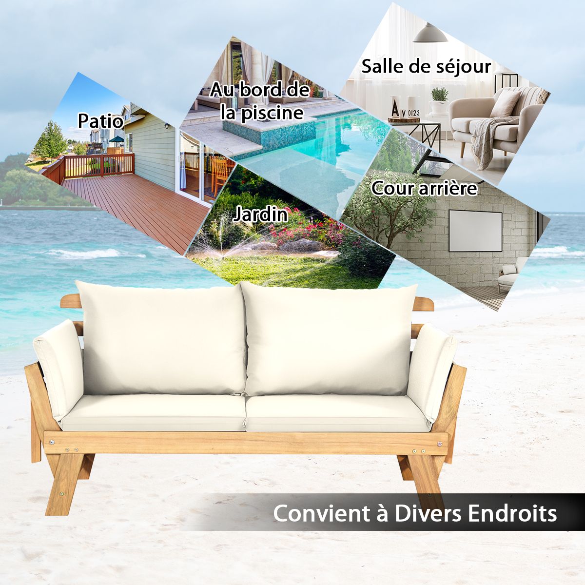 Chaise Longue Convertible avec Coussin Canapé de Jardin 2 en 1 en Bois d’Acacia avec Accoudoir Réglable pour Patio Piscine Jardin Blanc/Gris/Bleu/Rouge