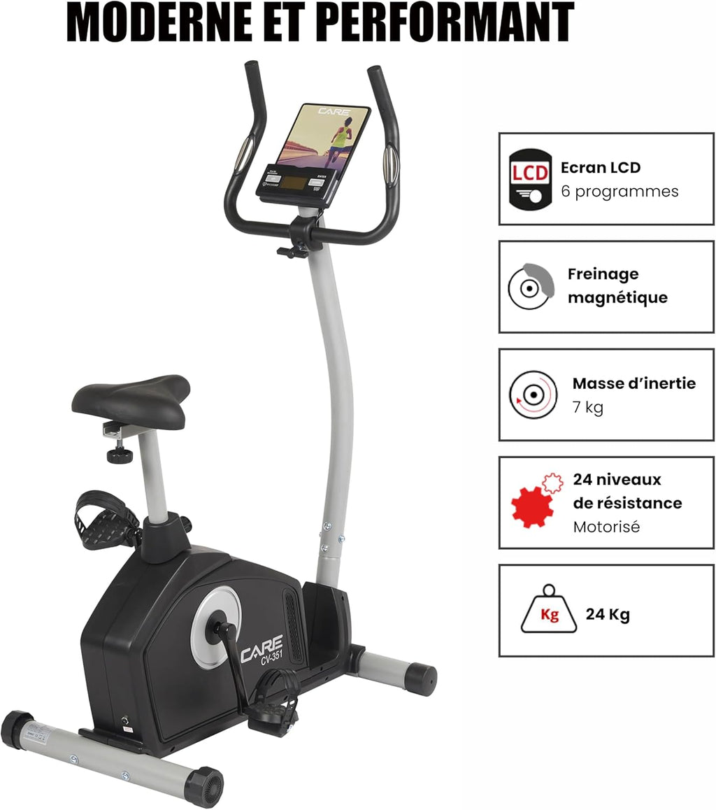 - Vélo d’Appartement Motorisé CV-351 – Masse d'Inertie 10kg - Résistance Magnétique à 16 Niveaux - 7 Programmes d'Entraînement - Selle Ajustable - Connectivité Application Kinomap