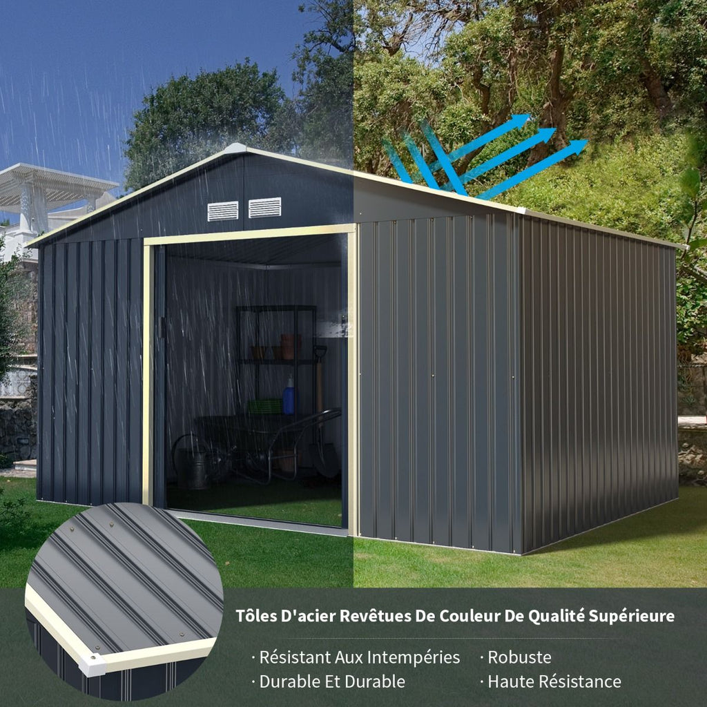 Abri de Jardin en Métal & Extension 10.85㎡ avec 2 Portes Coulissantes Verrouillables 4 Trous d’Aération Gris pour Vélo