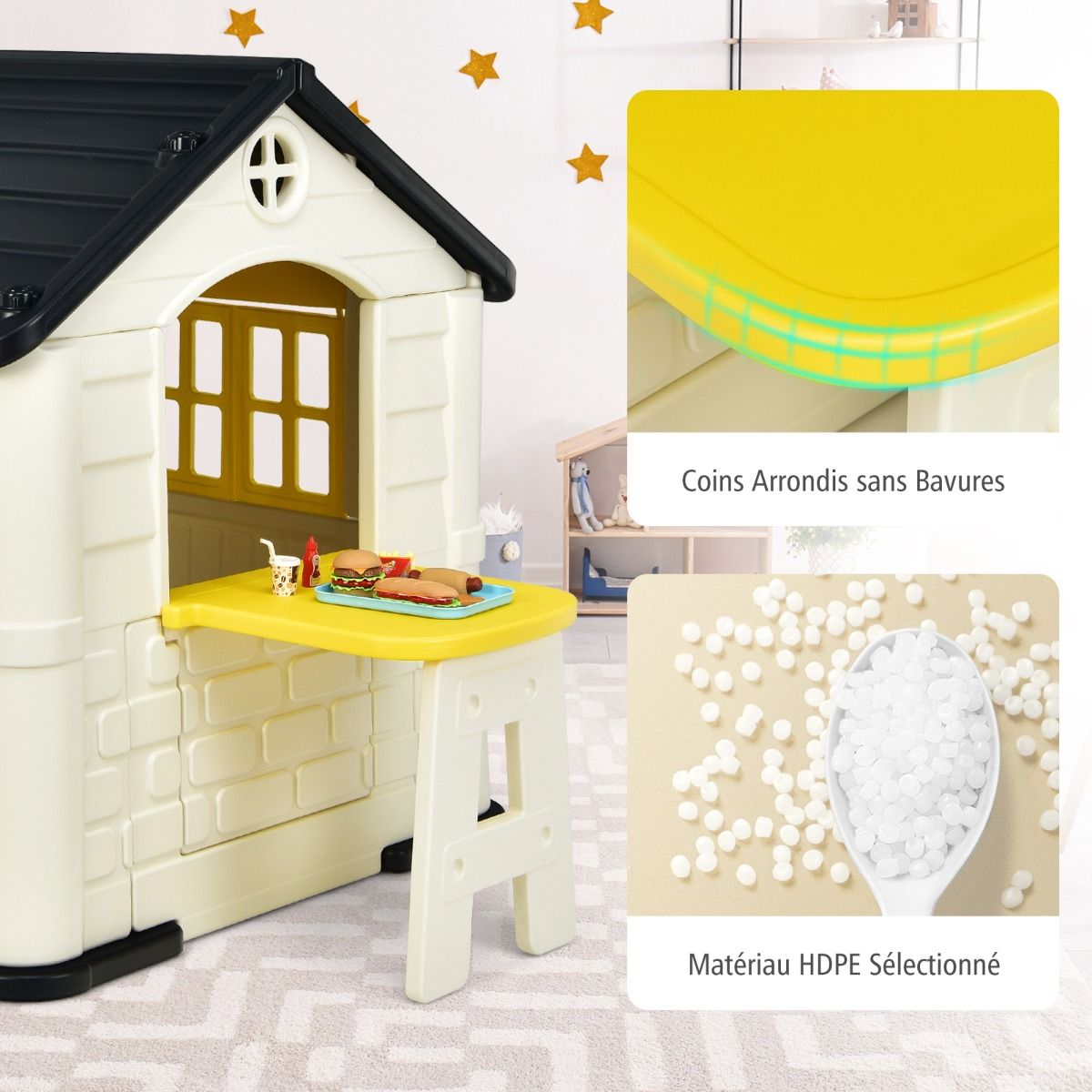 Maison Chef House -Thème Burger Bar - Table de Pique Nique Cabane de Jardin Anti-UV en Plastique 164x124x132 cm Bleu/Rose/Jaune